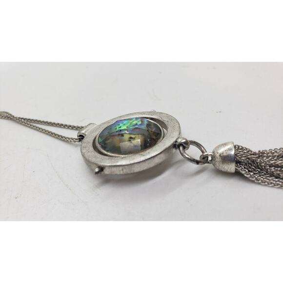 Vintage Abalone Mother of Pearl Reversible Pendant Necklace Silver Tone Tassel - Picture 4 of 10
